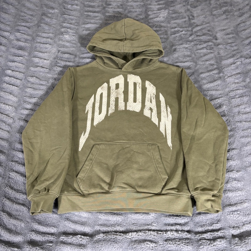 Jordan Boys Olive Green Pullover Hoodie Size L 12-13Y Distressed Graphic AT257